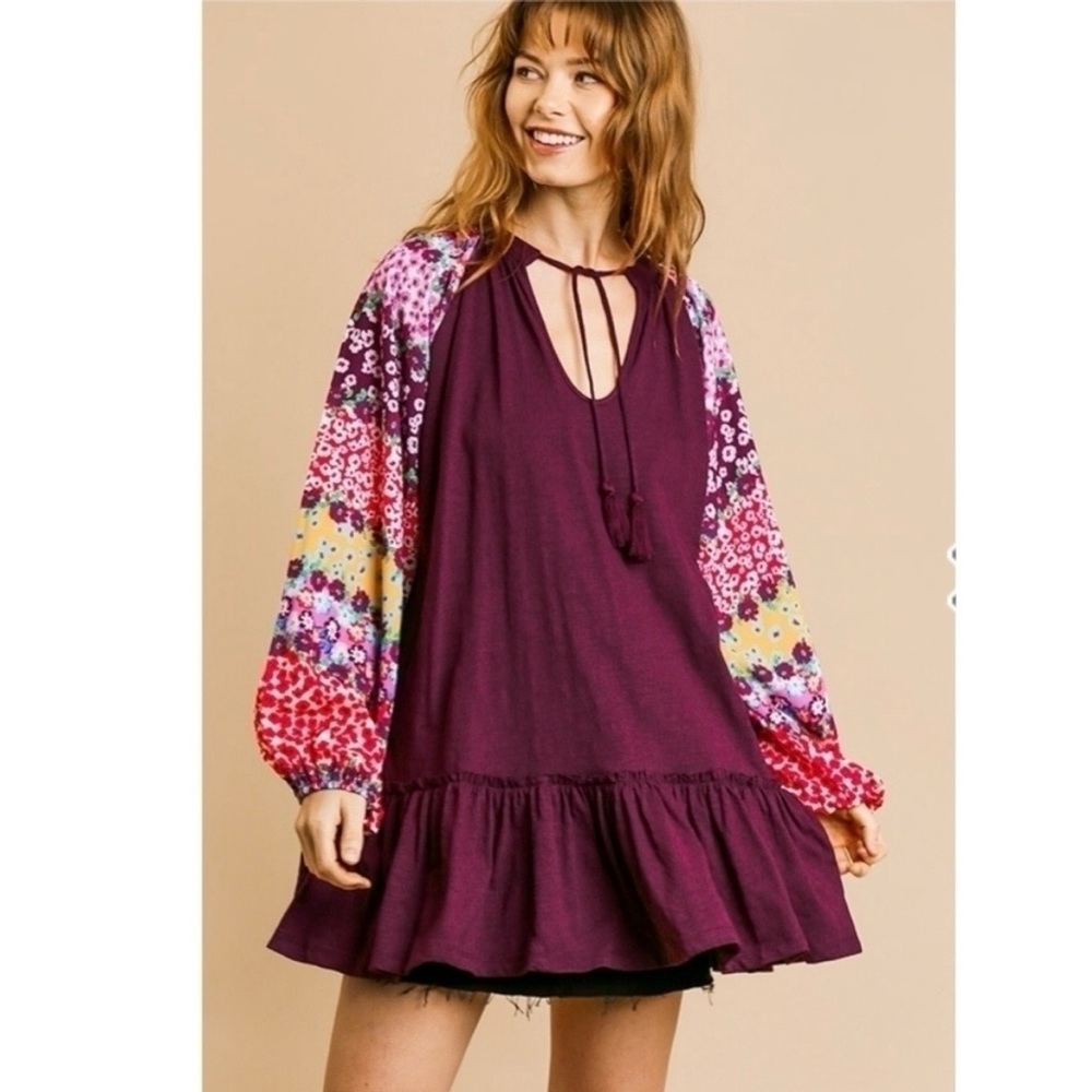 Umgee Plum Cotton Blend Floral Puff Sleeve Tunic Dress Top, S